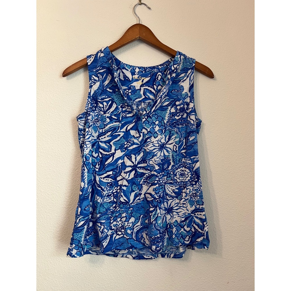 Lilly Pulitzer‎ Sleeveless Top Blue White Floral Print Blouse